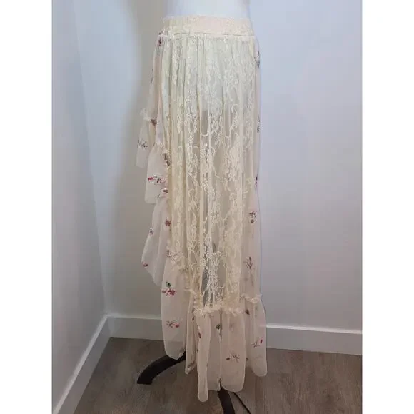 Sheer Skirt Small Cream Lace Embroidery Floral Whimsical Fairy Festival Keilah - Picture 6 of 10